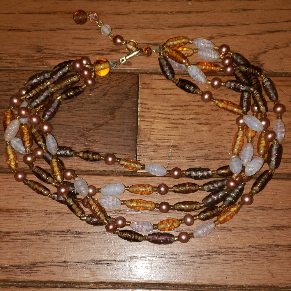 Vintage amber colored beaded multi strand chocker necklace